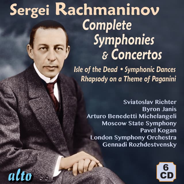 Release Cover Sergei Rachmaninoff, Sviatoslav Richter, Byron Janis, Arturo Benedetti Michelangeli, Moscow State Symphony, London Symphony Orchestra, Pavel Kogan, Gennady Rozhdestvensky - Rachmaninov: Complete Symphonies & Concertos